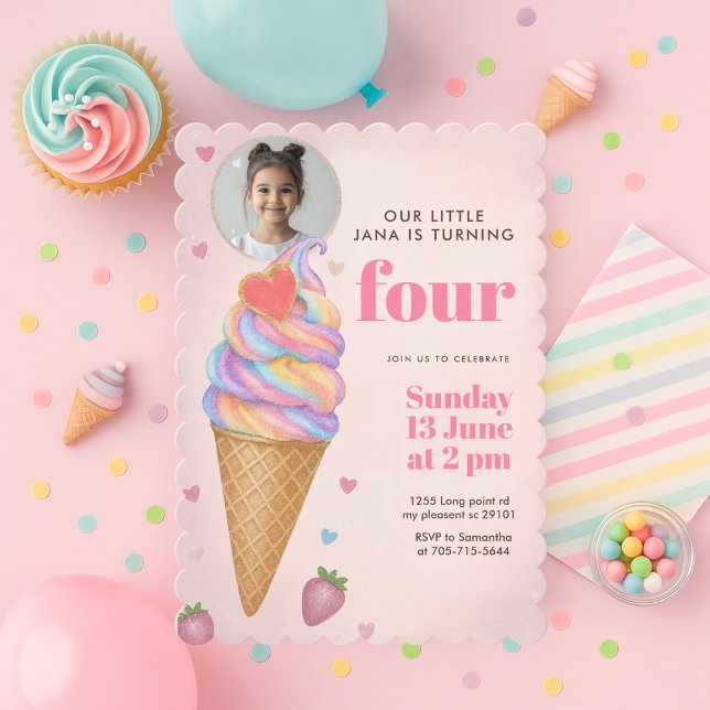 Glitter Rainbow Ice Cream Cone Photo Birthday  Invitation (Creator Uploaded)