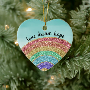 Glitter Rainbow Love Dream Hope Personalized Ceramic Ornament