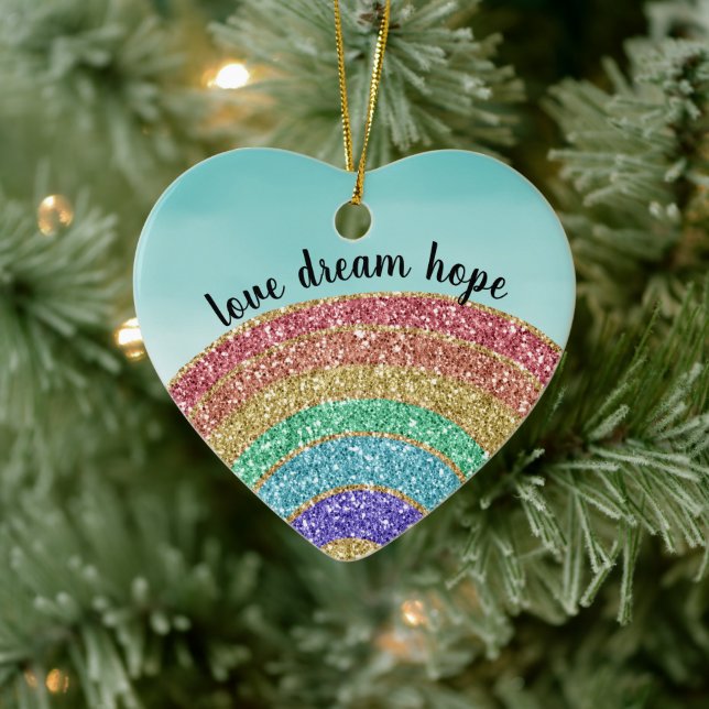 Glitter Rainbow Love Dream Hope Personalized Ceramic Ornament (Tree)