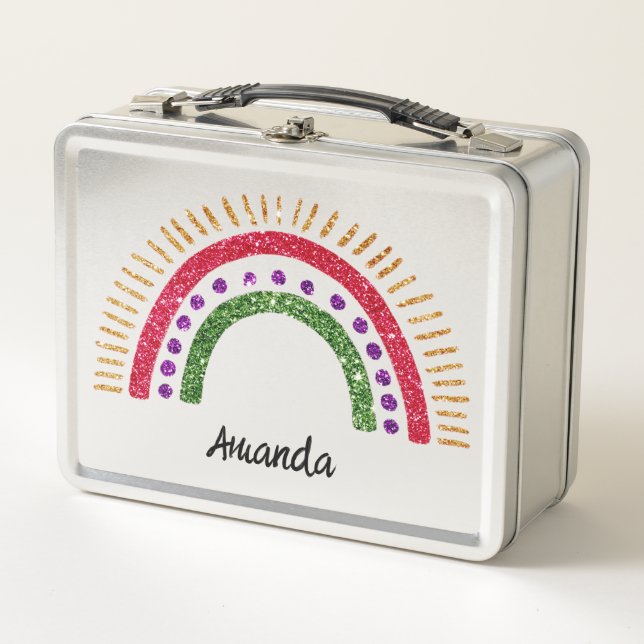 Glitter Rainbow Lunch Box - Personalised Name Meta (Front)