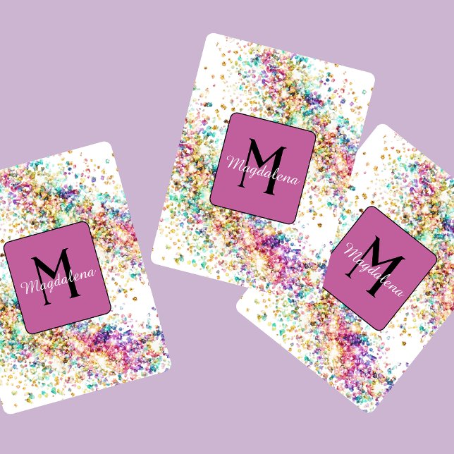 Glitter Rainbow Name Monogram Girly Pink  Playing Cards (Creator Uploaded)