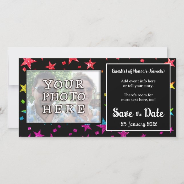 Glitter Rainbow Stars Gay Wedding Birthday Photo Save The Date (Front)