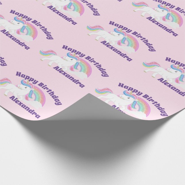 Glitter Rainbow Unicorn Birthday on Pink Wrapping Paper (Corner)