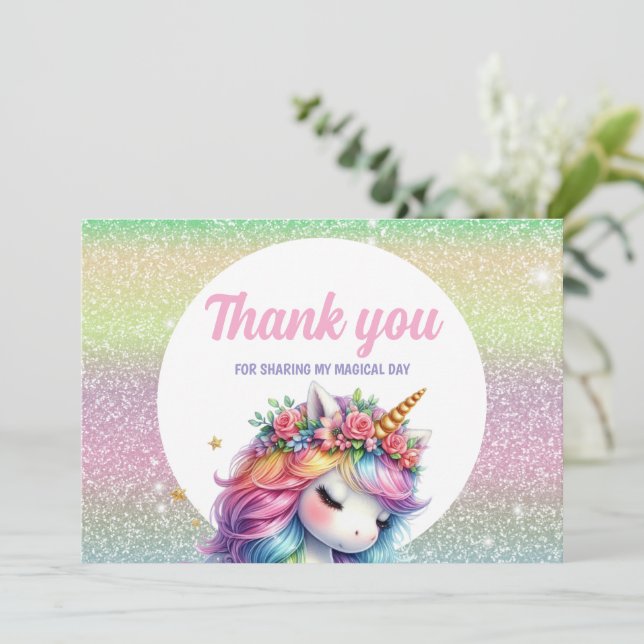 Glitter rainbow unicorn magical thank you card (Standing Front)
