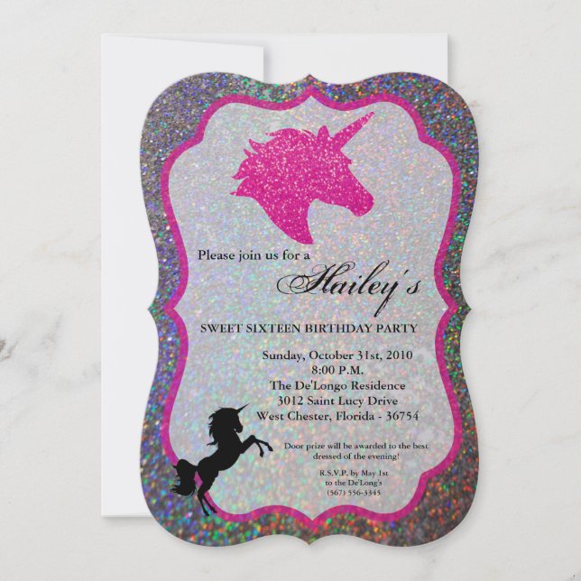 Glitter Rainbow Unicorn Sweet 16 Birthday Invite (Front)
