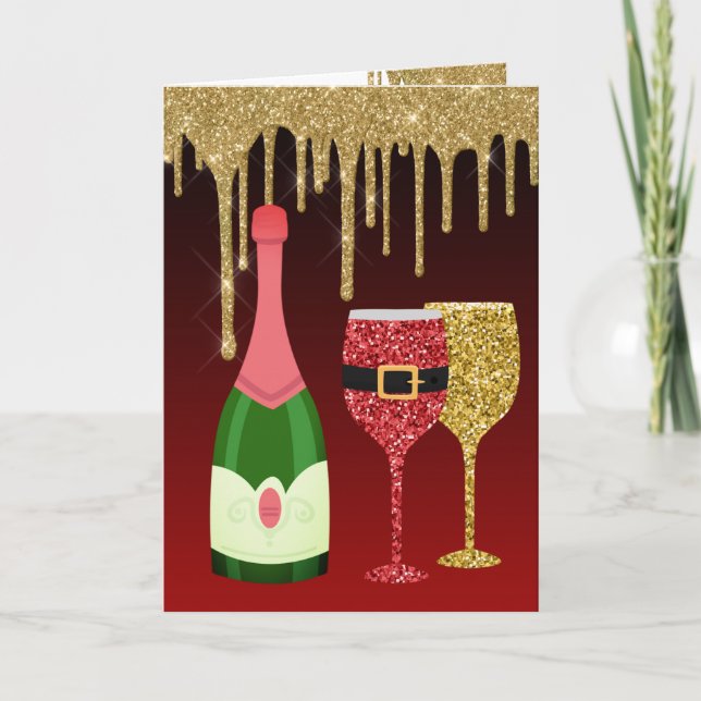 Glitter Red and Gold Champagne Glasses Christmas Holiday Card (Front)