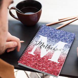 Glitter Red Blue White USA Monogram Name  Notebook