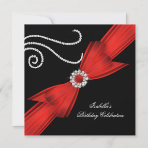 Glitter Red Diamond Bow Black Birthday Party 3 Invitation