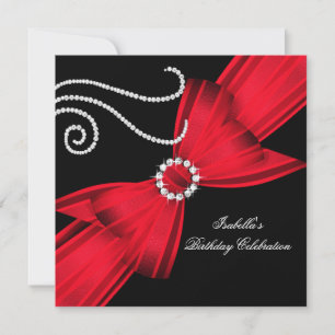 Glitter Red Diamond Bow Black Birthday Party 3a Invitation