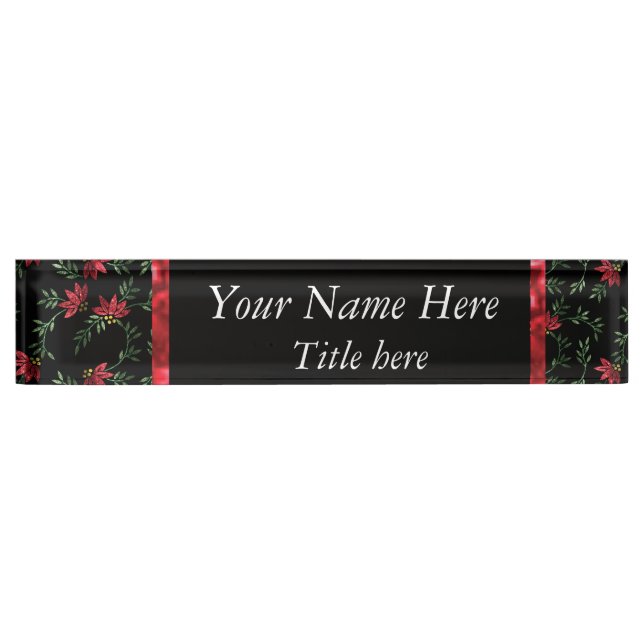 Glitter Red Flowers on Black Nameplate (Front)