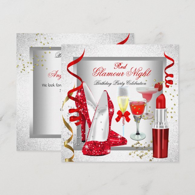 Glitter Red Glamour Night Silver Drinks Party Invitation (Front/Back)