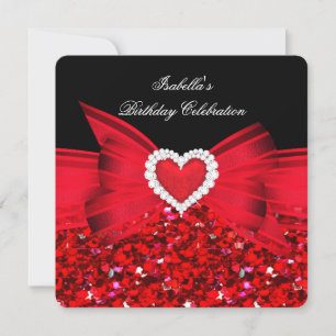 Glitter Red Heart Bow Black Birthday Party Invitation