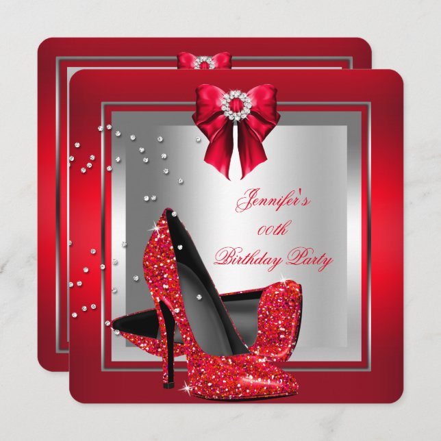 Glitter Red High Heel Shoe Silver Birthday Party Invitation (Front/Back)