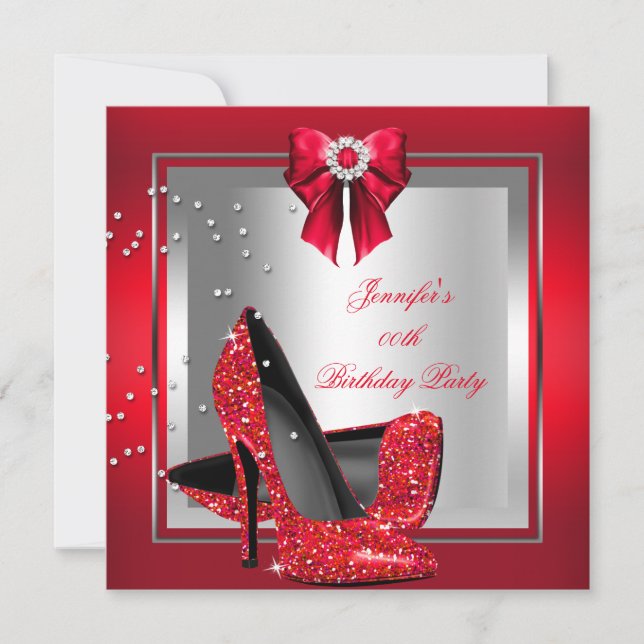 Glitter Red High Heel Shoe Silver Birthday Party Invitation (Front)