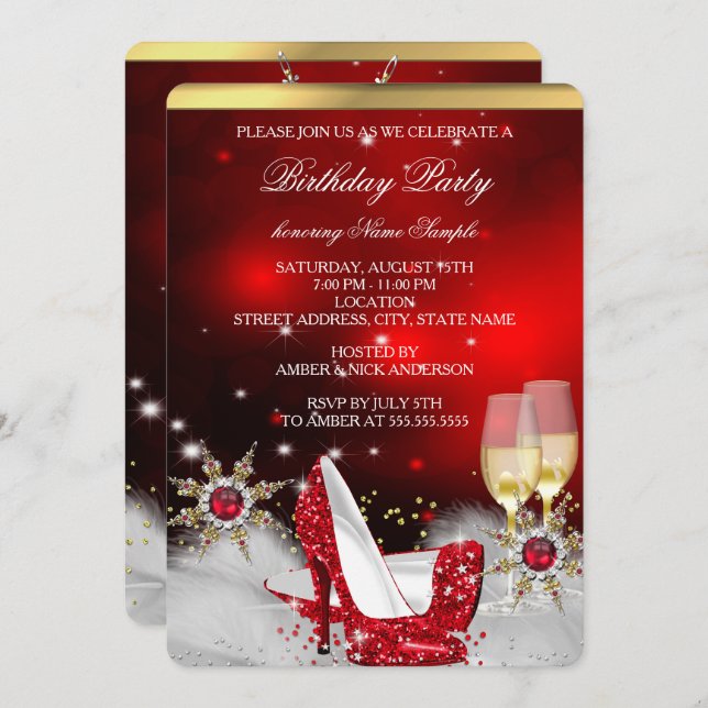 Glitter Red High Heel Shoes Silver Gold Champagne Invitation (Front/Back)