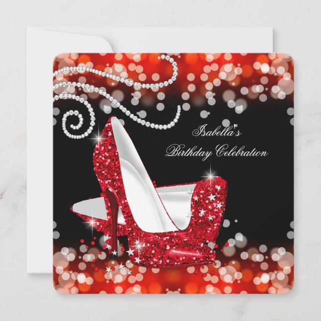 Glitter Red High Heels Diamonds Birthday Invitation (Front)