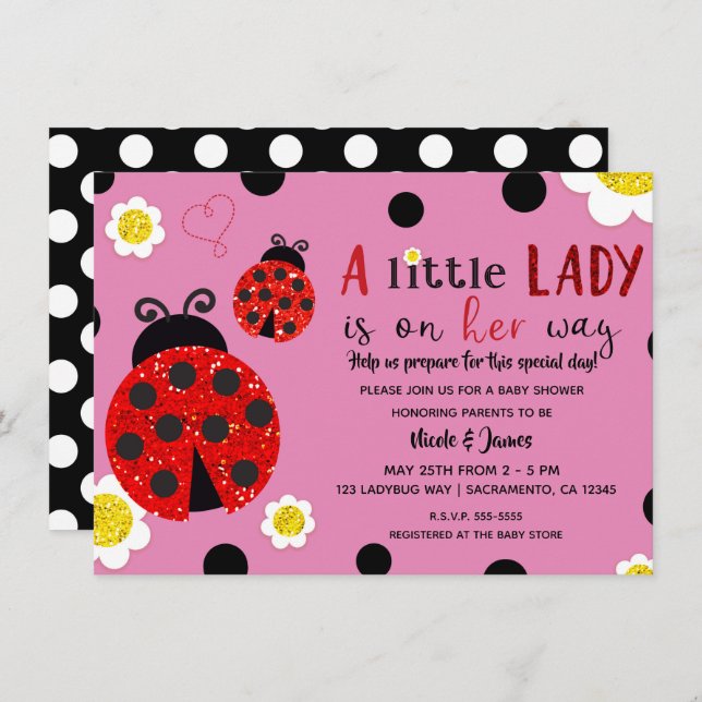 Glitter Red Ladybug Yellow Flowers Baby Shower Inv Invitation (Front/Back)