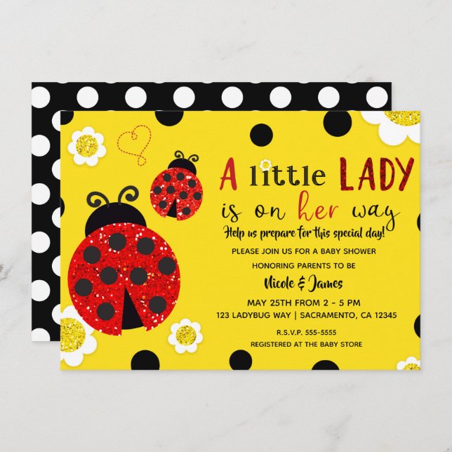 Glitter Red Ladybug Yellow Flowers Baby Shower Inv Invitation (Front/Back)