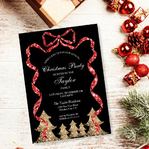 Glitter Red Ribbon Wreath Christmas Dinner Party Invitation