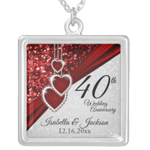 Glitter Red Ruby 40th Anniversary Silver Plated Necklace