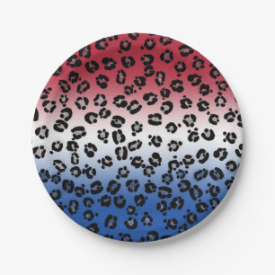 Glitter Red White Blue Leopard Print Paper Plate