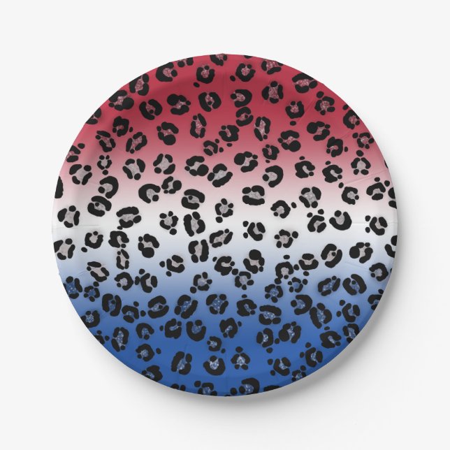 Glitter Red White Blue Leopard Print Paper Plate (Front)