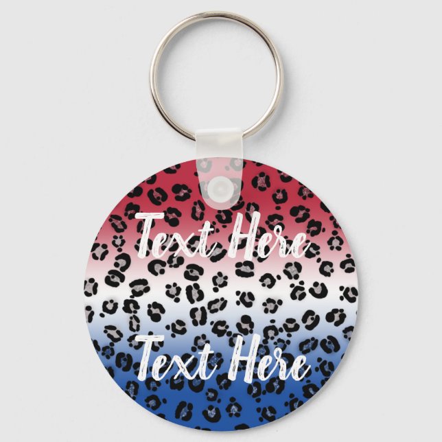 Glitter Red White Blue Leopard Print Personalised Key Ring (Front)