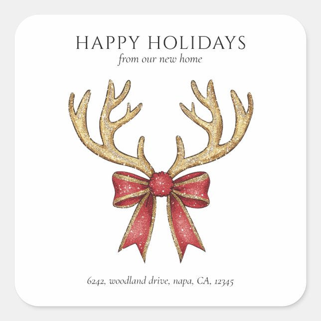 Glitter Reindeer Antlers New Home Custom Address Square Sticker (Front)