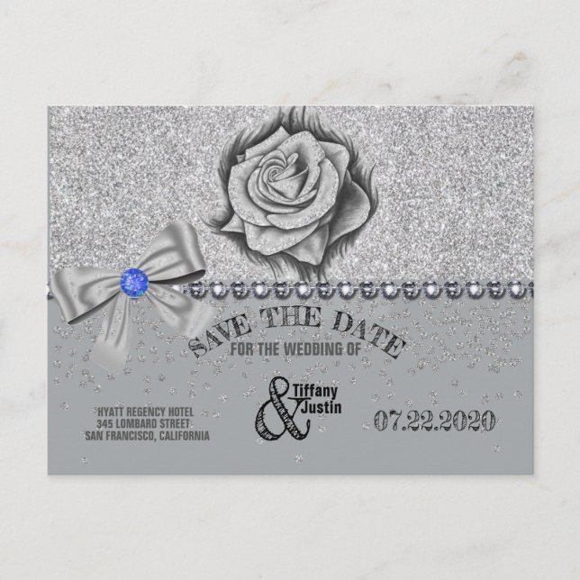 Glitter, Rose, Diamonds & Bow Save the Date Card (Front)