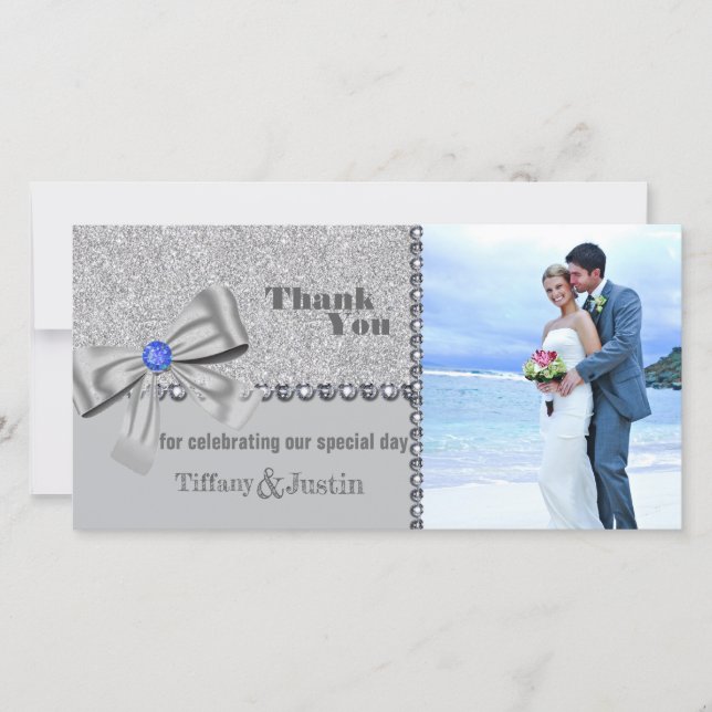 Glitter, Rose, Diamonds & Bow Thank You Photo Card (Front)