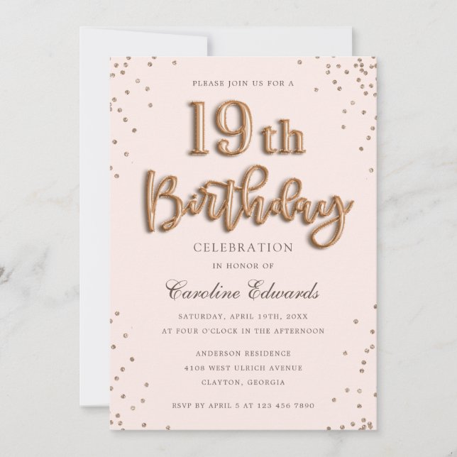 Glitter Rose Foil Balloons 19th Birthday Elegant Invitation (Front)