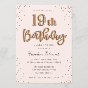 Glitter Rose Foil Balloons 19th Birthday Elegant Invitation