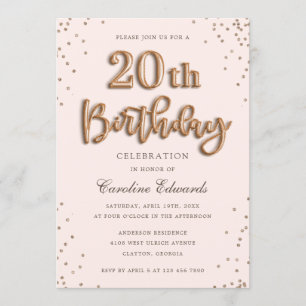 Glitter Rose Foil Balloons 20th Birthday Elegant Invitation
