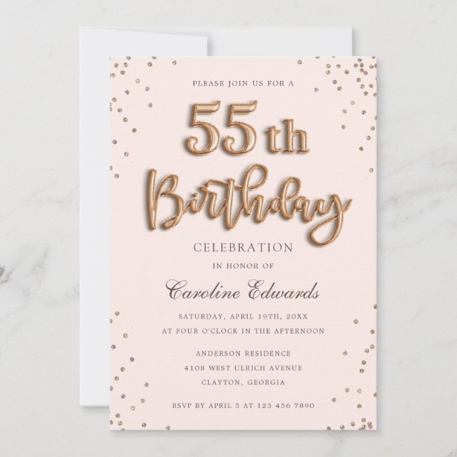 Glitter Rose Foil Balloons 55th Birthday Elegant Invitation (Front)