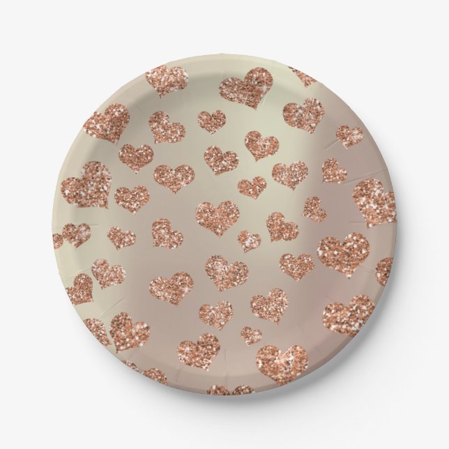 Glitter Rose Foxier Gold Hearts Confetti Copper Paper Plate (Front)