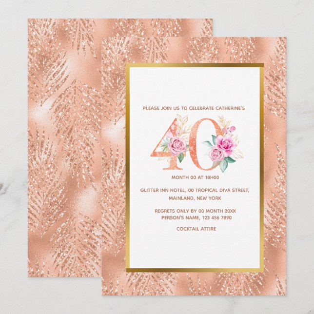 Glitter rose gold 40th birthday confetti tropical invitation (Front/Back)