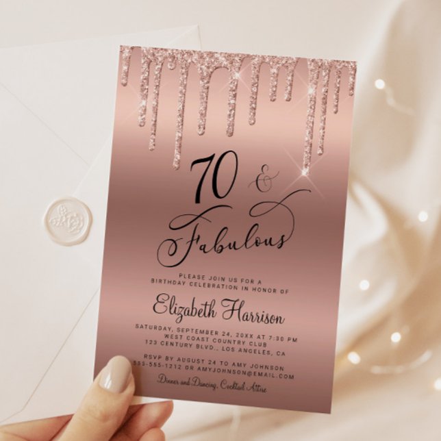 Glitter Rose Gold 70th Birthday Party Invitation (Creator Uploaded)