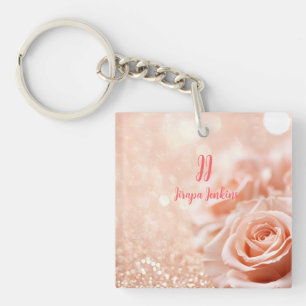 Glitter Rose Gold Background and Rose Gold Roses Key Ring