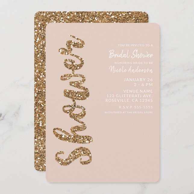 Glitter Rose Gold Blush Glam Bridal Shower Invitation (Front/Back)