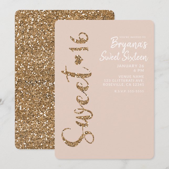 Glitter Rose Gold Blush Sweet 16 Sixteen Party Invitation (Front/Back)