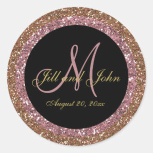 Glitter Rose Gold Champagne Wedding Monogram Classic Round Sticker