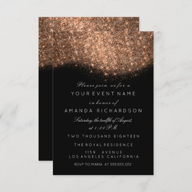 Glitter Rose Gold Copper Black White Elegant Invitation (Front/Back)