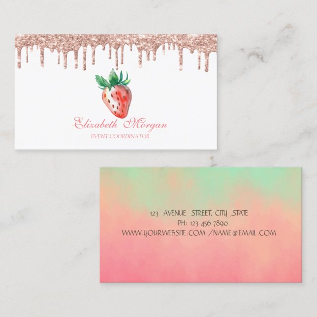 Glitter Rose Gold Drips Strawberry Business Card (Front/Back)