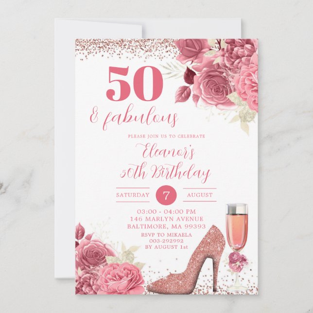 Glitter Rose Gold Floral Stiletto Any Age Birthday Invitation (Front)