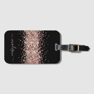 Glitter Rose Gold - Girly Sparkle Black Monogram Luggage Tag