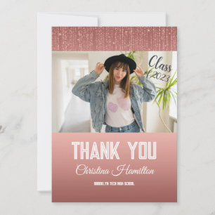 Glitter Rose Gold Graduation Photo Thank You Card