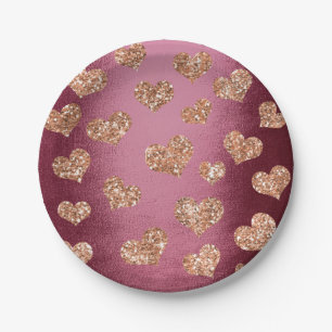 Glitter Rose Gold Hearts Confetti Burgundy Copper Paper Plate