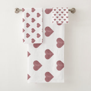Glitter Rose Gold Hearts White Background Bath Towel Set