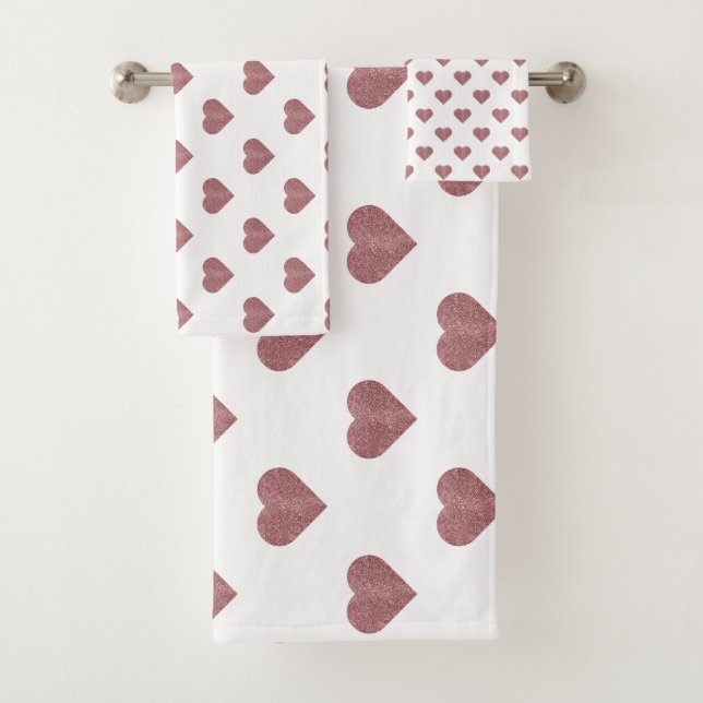 Glitter Rose Gold Hearts White Background Bath Towel Set (Insitu)