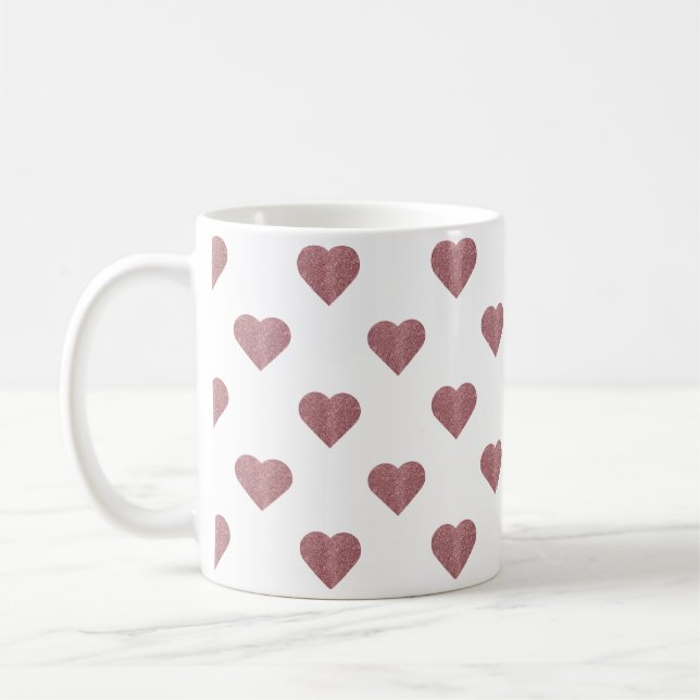 Glitter Rose Gold Hearts White Background Coffee Mug (Left)